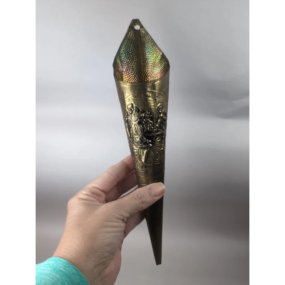 Brass Repousse Wall Vase Match Holder/Fireplace Mount 11